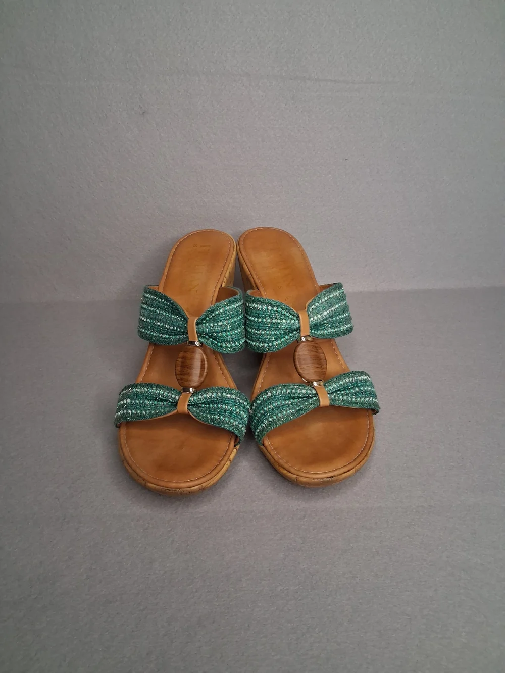 Italian Shoemakers Teal Beaded Cork Wedge Sandals Size 9 Boho Slide Heels
